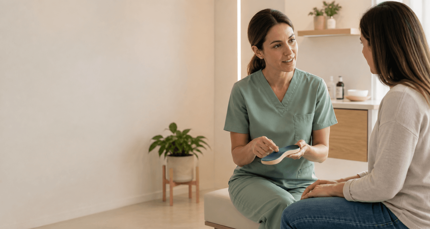 Profesional de podología conversando con una paciente