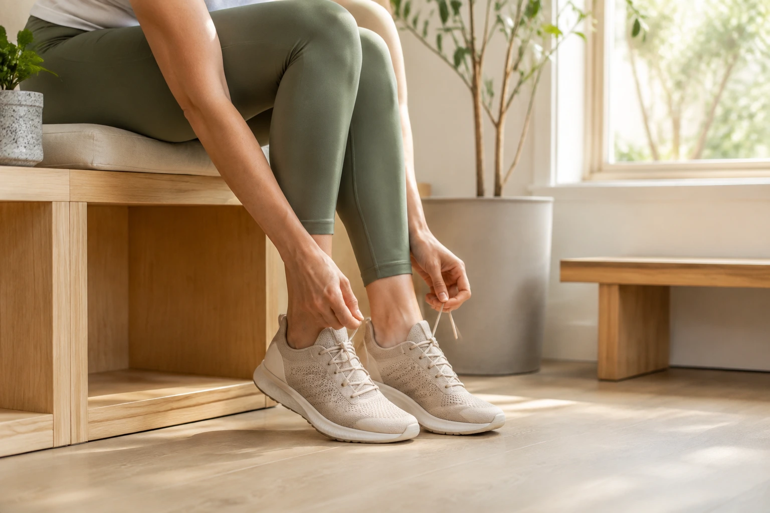Persona preparándose para caminar con calzado cómodo